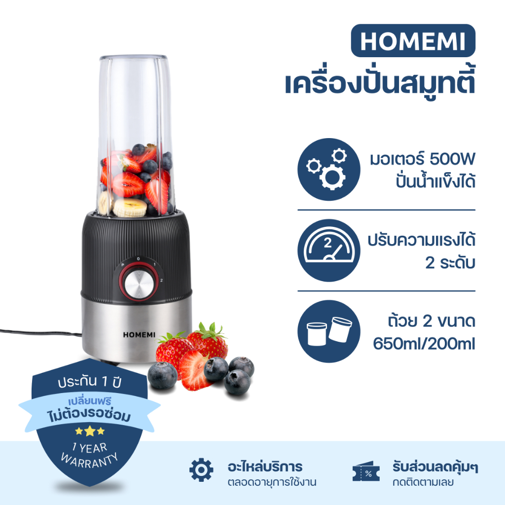 Homemi เครื่องปั่นน้ำผลไม้ Personal Blender Pro ปั่นน้ำผลไม้ ปั่นสมูทตี้ ใช้ปั่นน้ำแข็งได้ (HM0071-P-BL)