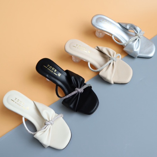YOURSHOES O74 / รองเท้าส้นสูง 3 นิ้ว รองเท้าหน้าโบว์ รองเท้าส้นแก้ว