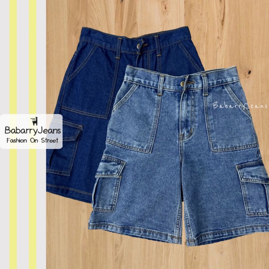 BabarryJeans - ยีนส์สามส่วน แต่งกระเป๋าหน้า คาร์โก้ เอวสูง ผญ