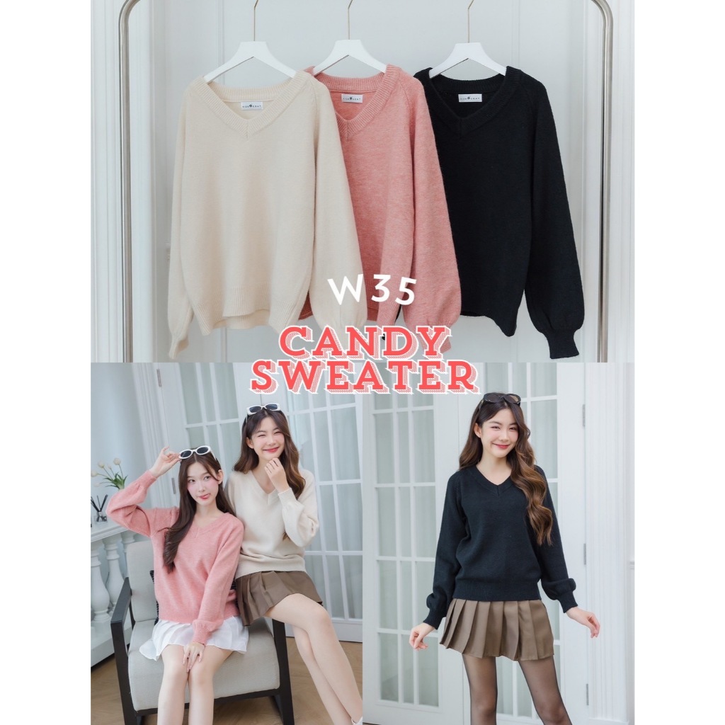 W35 Candy Sweater เสื้อไหมพรมคอวี (โทนชมพู/ครีม/ดำ) Free Size