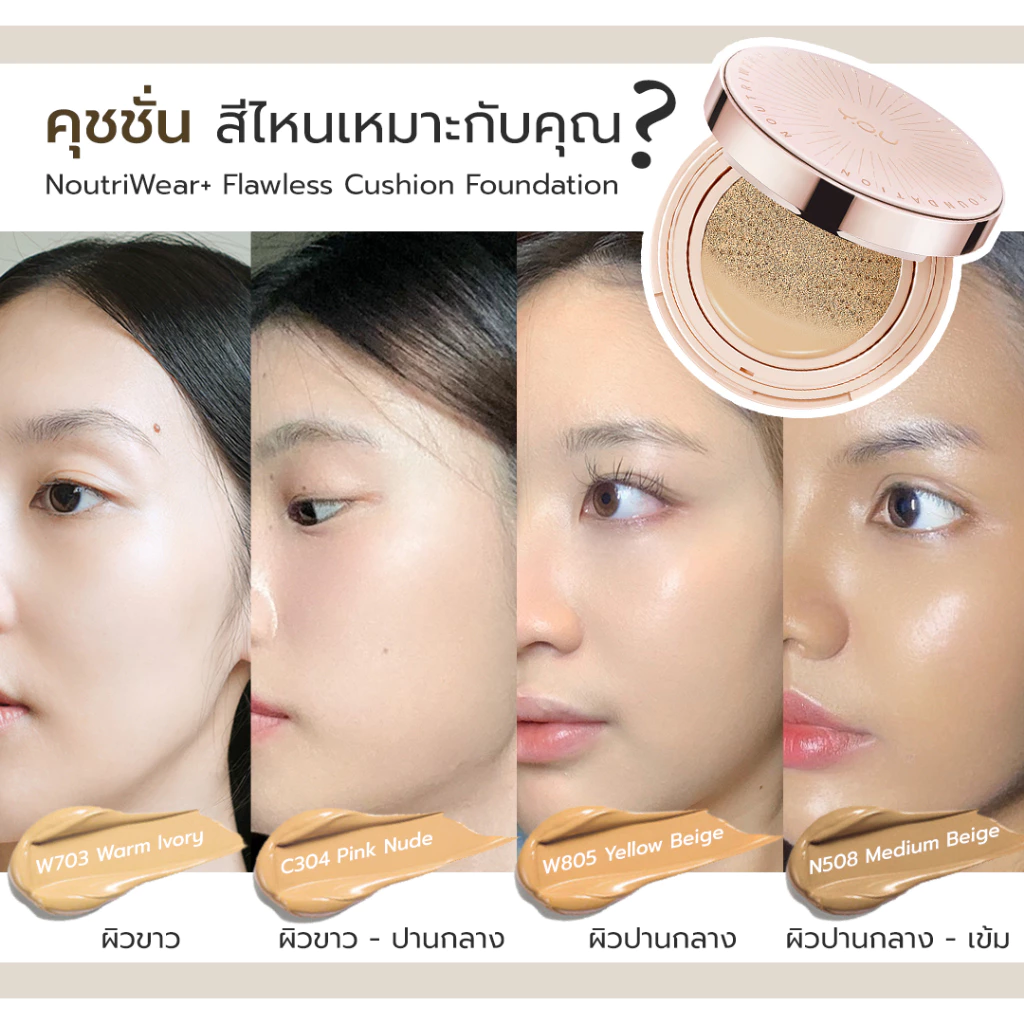 YOU NoutriWear+Flawless Cushion Foundation SPF 40 PA+++ คุชชั่นเบลอผิวเรียบเนียน ปกปิดขั้นสุด คุมมัน ติดทน 24 ชม. thumbnail 6