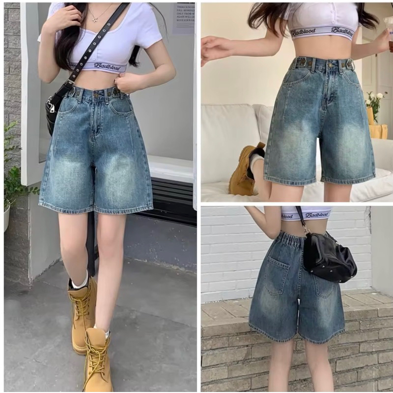 Korean กางเกงครึ่งขา  Big Size S-5XL ผ้ายีนส์แท้  เอวสม็อคปรับกระดุม ตกแต่งเย็บปลายขา  วินเทจ 3573