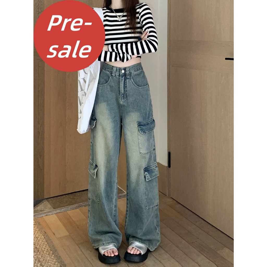 Pre-sale-New American Ins High Street Multi-pocket Jeans Niche High Waist Wide Leg Pants Large Size Trousers