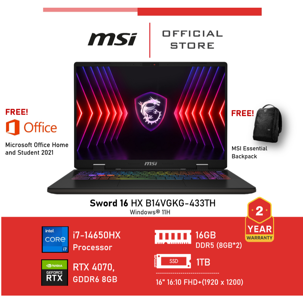 MSI Sword 16 HX B14VGKG-433TH (16" , Memory 8GB*2, RTX 4070, i7) Notebook, Laptop