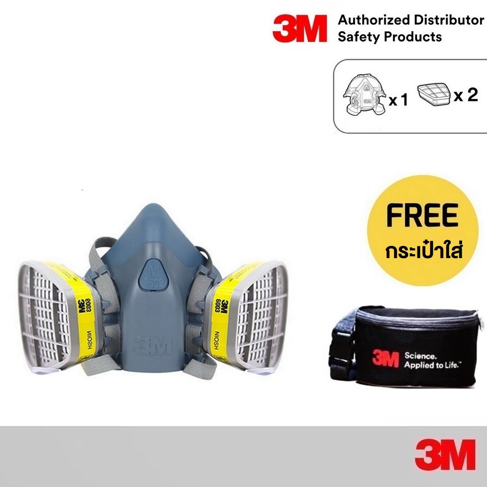3M หน้ากากครึ่งหน้าชนิดไส้กรองคู่ 7501 7502 7503 พร้อมตลับกรอง 6003 Reusable Half Facepiece Silicone