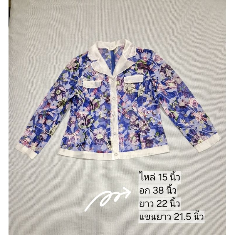JFashion-NK005 เสื้อแฟชั่นวินเทจ มือ 2 ผ้าไหมแก้วสีน้ำเงินลายดอกไม้
