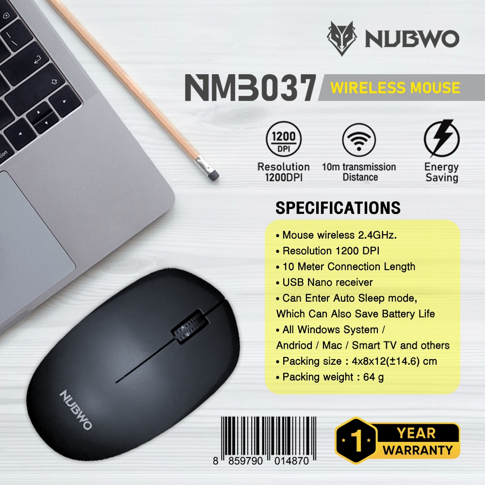 Nubwo NMB037 Mouse Wireless เมาส์ไวเลสไร้สาย เสียงเงียบ มีให้เลือก 4 สี สินค้ารับประกัน 1 ปี