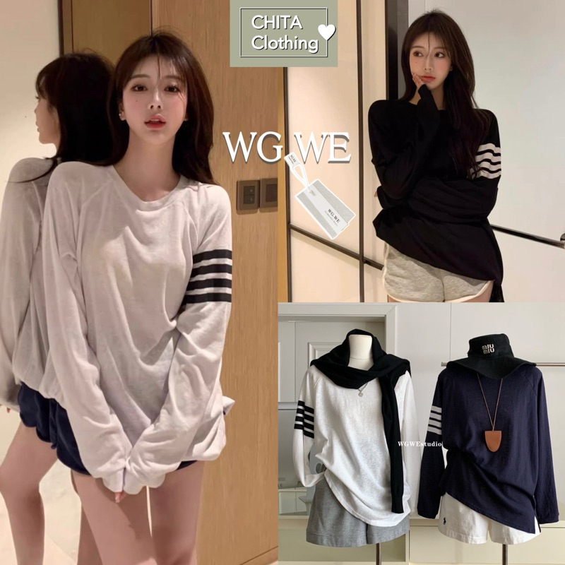 9516#เสื้อแขนยาวคอกลม แต่งแถบช่วงแขน ทรงหลวมใส่สบาย TAG:WG.WE