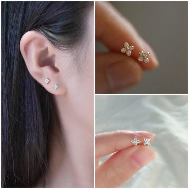 ต่างหูใบโคลฟเวอร์คริสตัลจิ๋ว • Tiny Crystal Clover Earrings