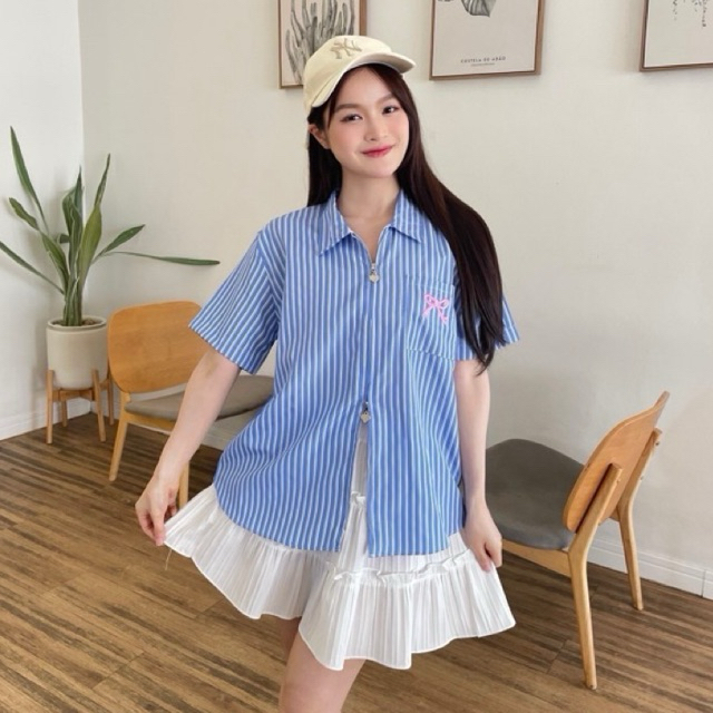 F04 - เสื้อเชิ้ตซิป ปักโบว์ ผ้าโพลี