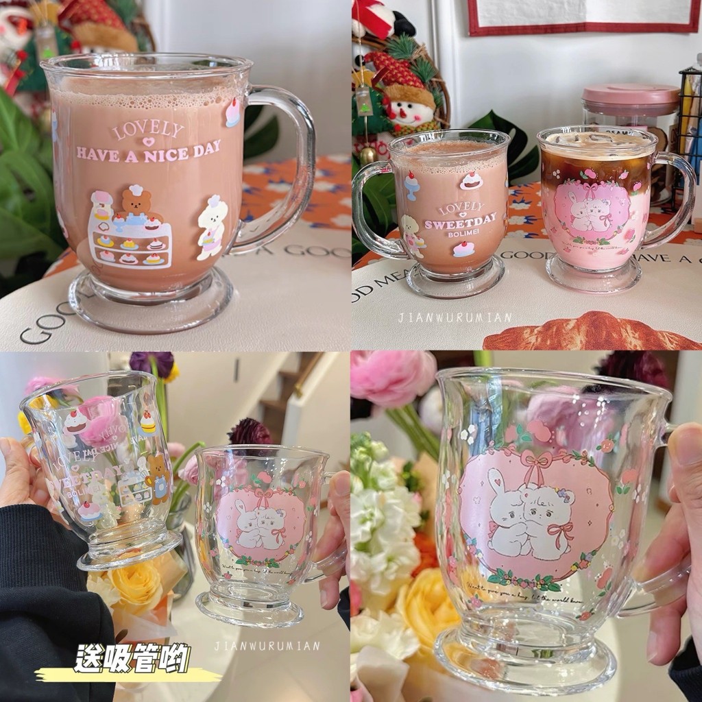พร้อมส่ง แก้วกาแฟ แก้วชา ขนาดน่ารักกำลังดี แก้วน้ำสไตล์ญี่ปุ่นเกาหลี cute glass mug แก้วมีหูจับ 71027