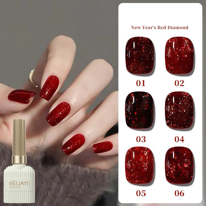 [15ml] ยาทาเล็บเจล กากเพชรสีแดง สีแดงมะเหมี่ยวกากเพชรฉ่ำๆ สีแดงเจ็บสุดๆ(สีเจลต้องเข้าเครื่องอบเล็บให้สีแห้ง)