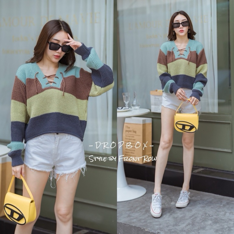 ✅พร้อมส่ง✅ เสื้อไหมพรม คอวีสาน อก44“ ทอลายสลับสี Dropbox