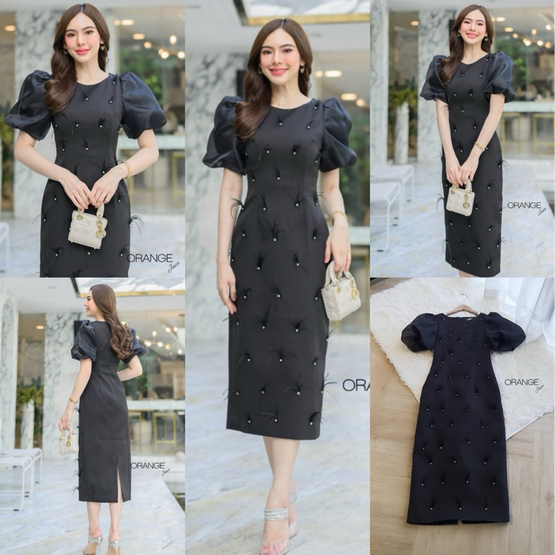 🧡พร้อมส่ง S-4XL🧡ป้าย Orange Juice💕เดรสยาว สีดำ ปัก 3D แขนพอง ชุดออกงาน งานสวยมาก