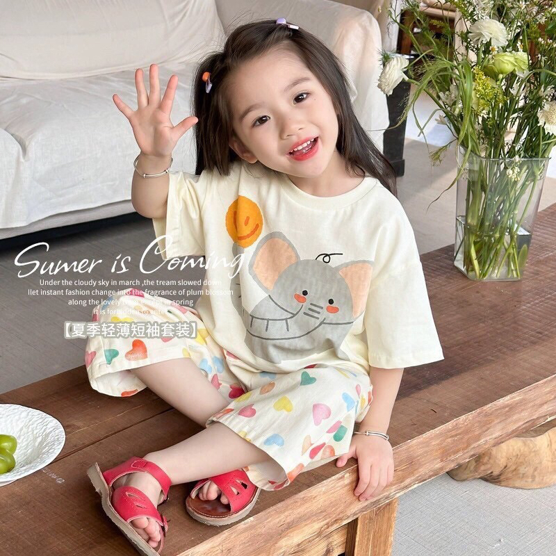 ชุดเซ็ทเสื้อยืดช้าง+กางเกงหัวใจขายาว มีกระเป๋าด้านหน้า