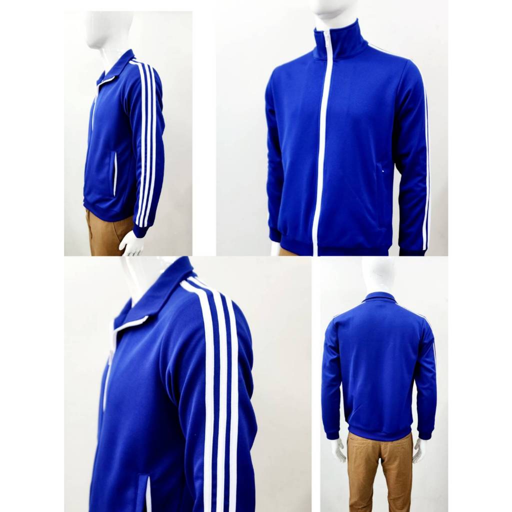 เสื้อวอร์มแขนยาว ผ้าระบายอากาศงานผลิตในไทย สีน้ำเงิน แถบแขนสีขาว