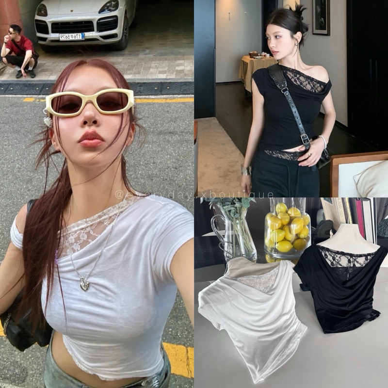 พร้อมส่ง 𝗢𝗙𝗙 𝗦𝗛𝗢𝗨𝗟𝗗𝗘𝗥 𝗟𝗔𝗖𝗘 𝗧𝗢𝗣 เสื้อปาดไหล่ข้างเดียว กิมมิคเย็บผ้า2ชั้น ด้านในเป็นผ้าลูกไม้ ใส่แล้วดูดีมีอะไร onseason