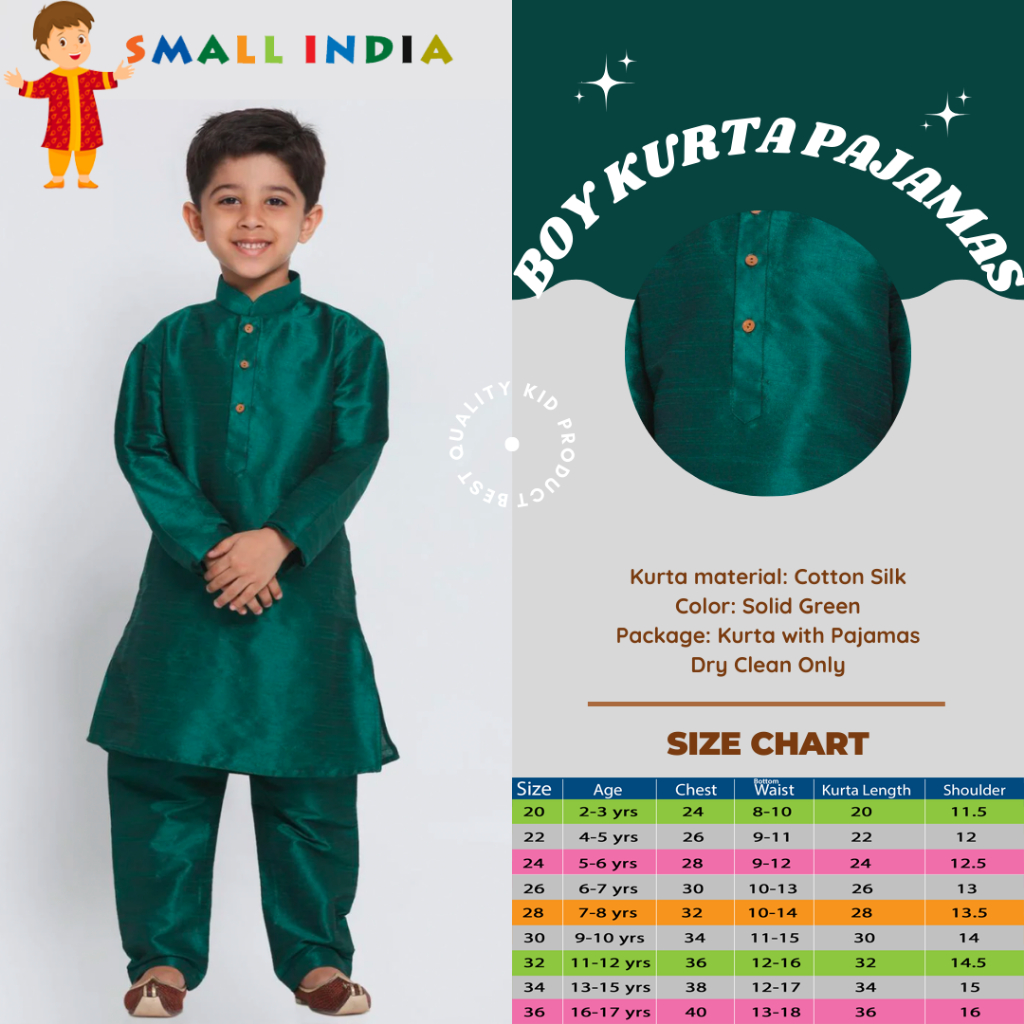 {**ส่งฟรี**} SMALL INDIA 🎾🌟 Kids Boy Solid Green Cotton Silk Kurta Pajamas 🎾🌟 Boy Kurta Pajamas