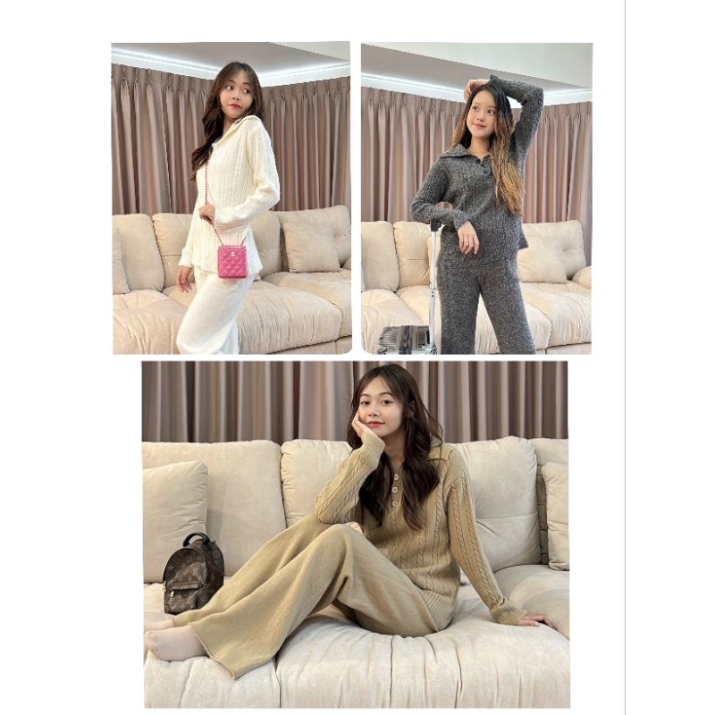 ชุดเซตขึ้นเครื่อง( Airport look)รหัส AP38เนื้อผ้าไหมพรมknitting เนื้อนุ่ม หนาปานกลาง​คอปกใหญ่น่ารัก เสื้อทอลายเชือกในตัว