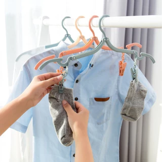 ไม้แขวนเสื้อพับได้ + ที่หนีบผ้า พับได้ (คละสี) ไม้แขวน ขนาดพกพา สีพาสเทล