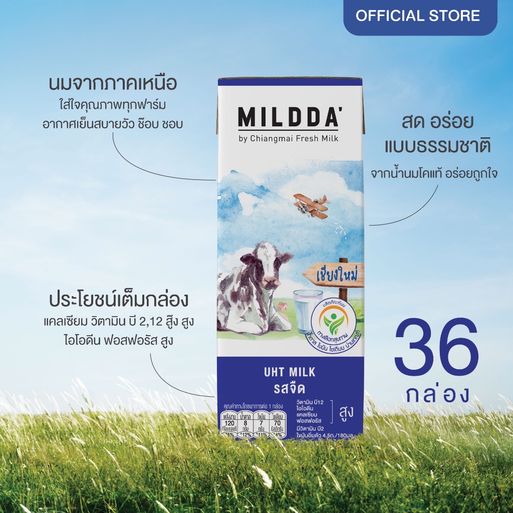 [36 กล่อง/ลัง] Mildda มายด์ด้า นม UHT รสจืด ขนาด180มล. นมกล่อง นมเชียงใหม่ นมเด็ก นมจืด นมโคแท้100%