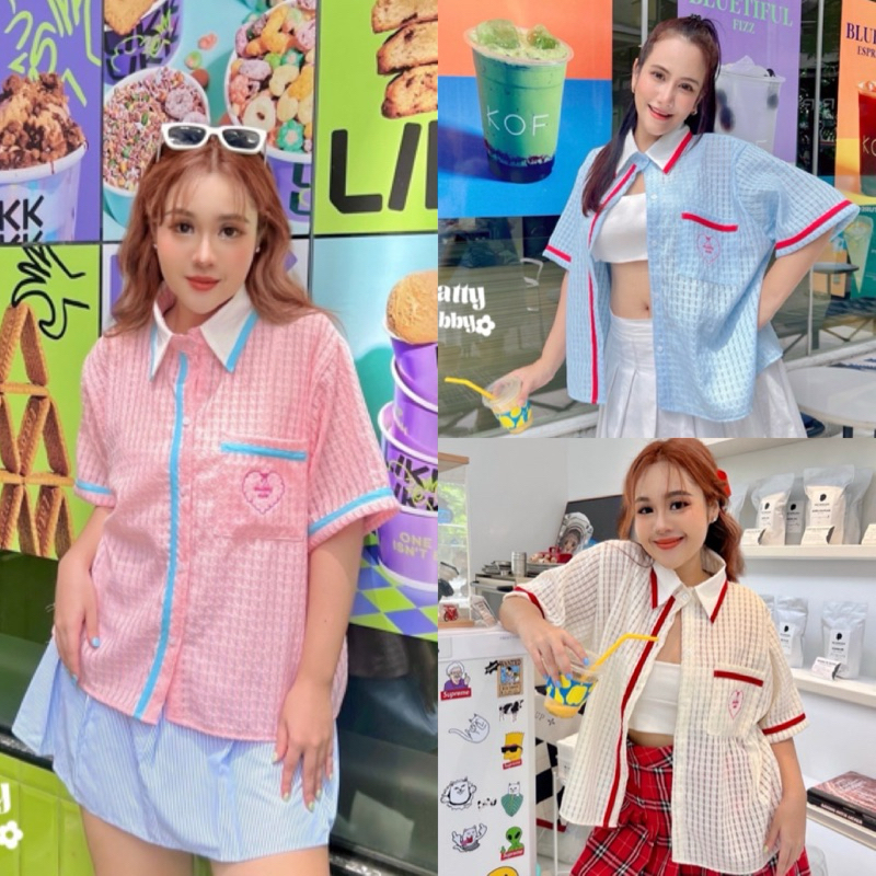 NC เสื้อเชิ้ต ปักกระเป๋าหัวใจ แต่งแถบริบบิ้นตัดสี สุดคิ้ว ผ้ามีเทคเจอร์ ไซส์ใหญ่ สาวอวบ