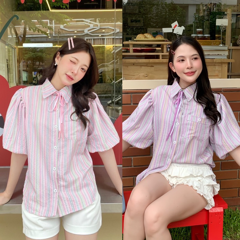 🔆Sunny🔆Marbell Shirt🍬เสื้อแขนบอลลูนผูกโบว์น่ารัก ทรงปกสั้น💕สีหวานพาสเทล น่ารักมากกก