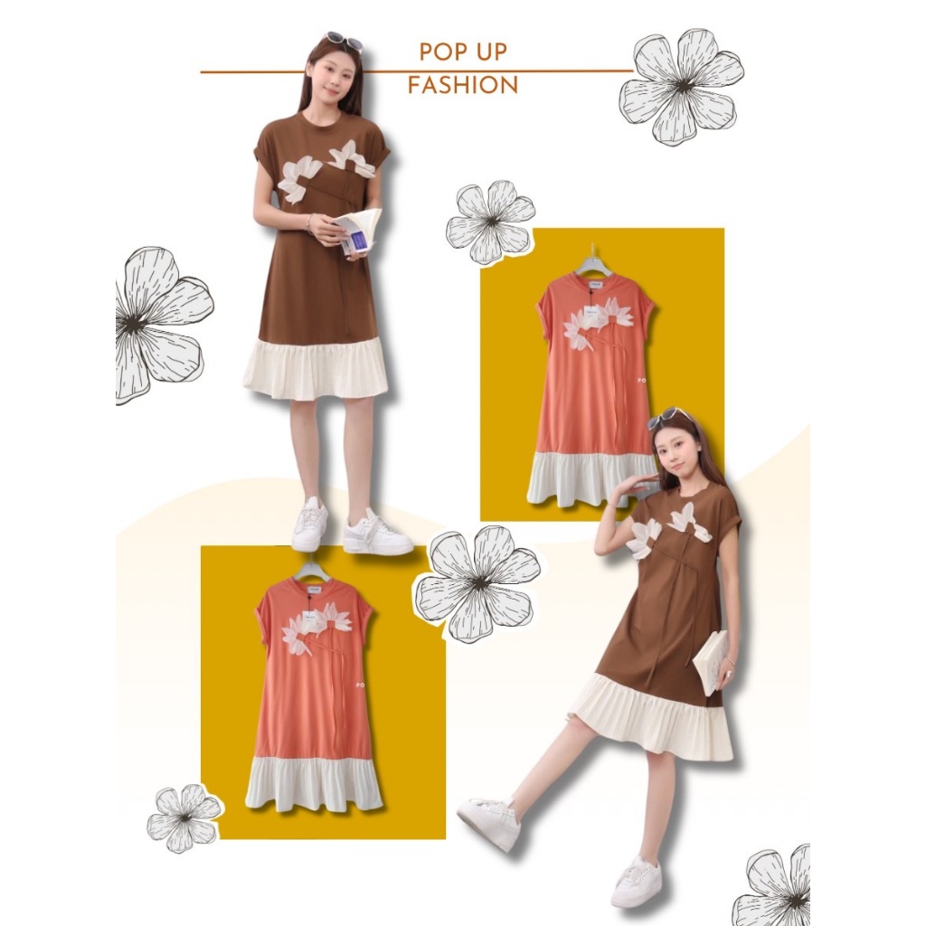 [Pop up] เดรสยืดสไตล์เกาหลี รุ่นนี้เป็นการแต่งแบบมินิมอล เย็บดอกไม้3D ช่วงอก ชายชุดต่อพลีทรอบ งานทรงสวยน่ารักมากค่ะ