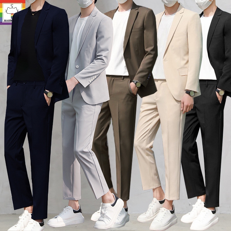 ชุดสูทผู้ชาย1กระดุม+กางเกงเอวสม็อคขาเต่อพร้อมส่ง#YJKB(2ชิ้น=เสื้อ+กางเกง)