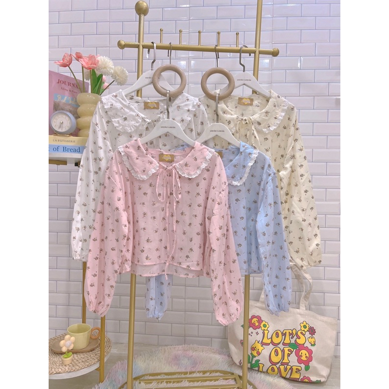 เสื้อครอปคอบัวแขนยาวผูกโบว์ด้านหน้าน่ารักๆสไตล์เกาหลีเกาใจ