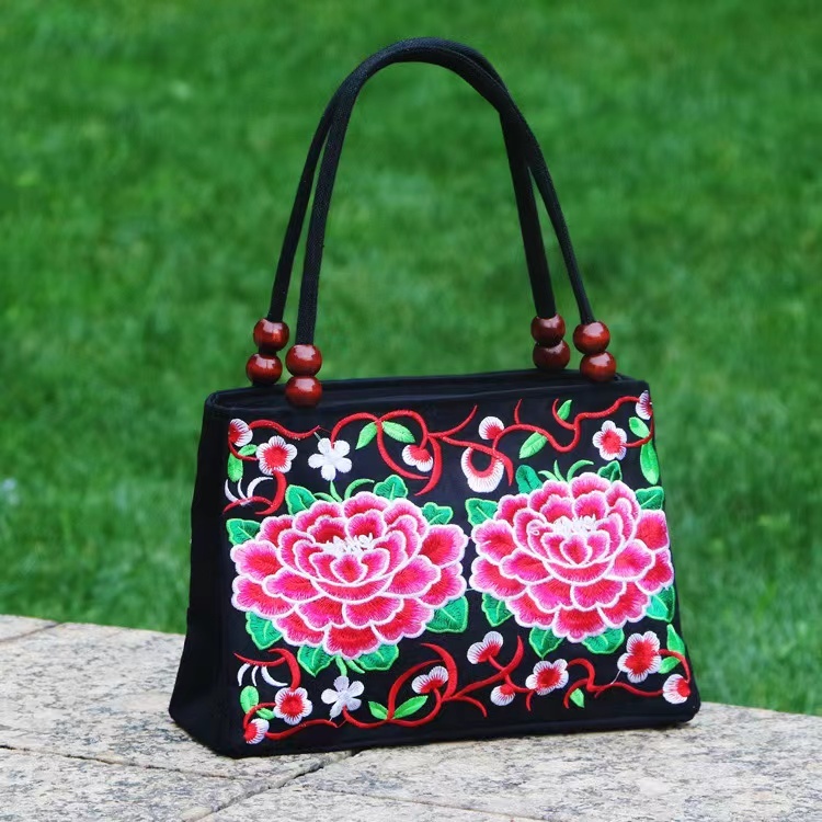 กระเป๋าถือปักลายสองด้านสไตล์ชาติพันธุ์ กระเป๋าถือสไตล์ย้อนยุค ดีไซน์ช่องเก็บของสองช่อง ใส่ของได้เยอะ