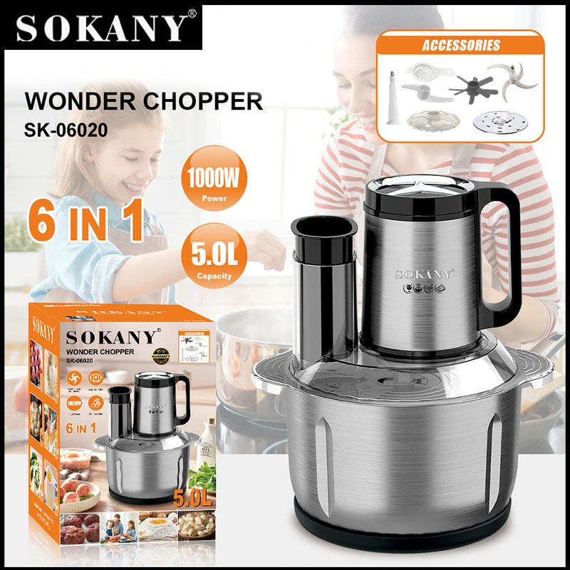 SOKANY 1000W 5L มัลติฟังก์ชั่น 6in1 เครื่องบดหมูไฟฟ้า เครื่องปั่น เครื่องบดเนื้อ สามารถหั่นผักได้
