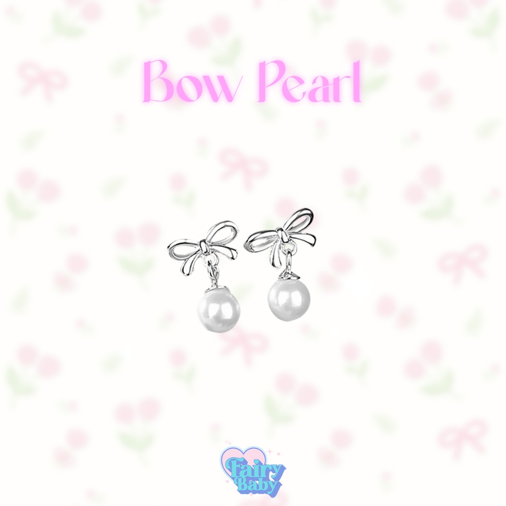 Fairybaby ต่างหู Bow Pearl ตุ้มหู ลายโบว์ ไข่มุก สีขาว  น่ารัก  1 คู่ 2 ชิ้น เครื่องประดับความงาม   มินิ (E2-012)