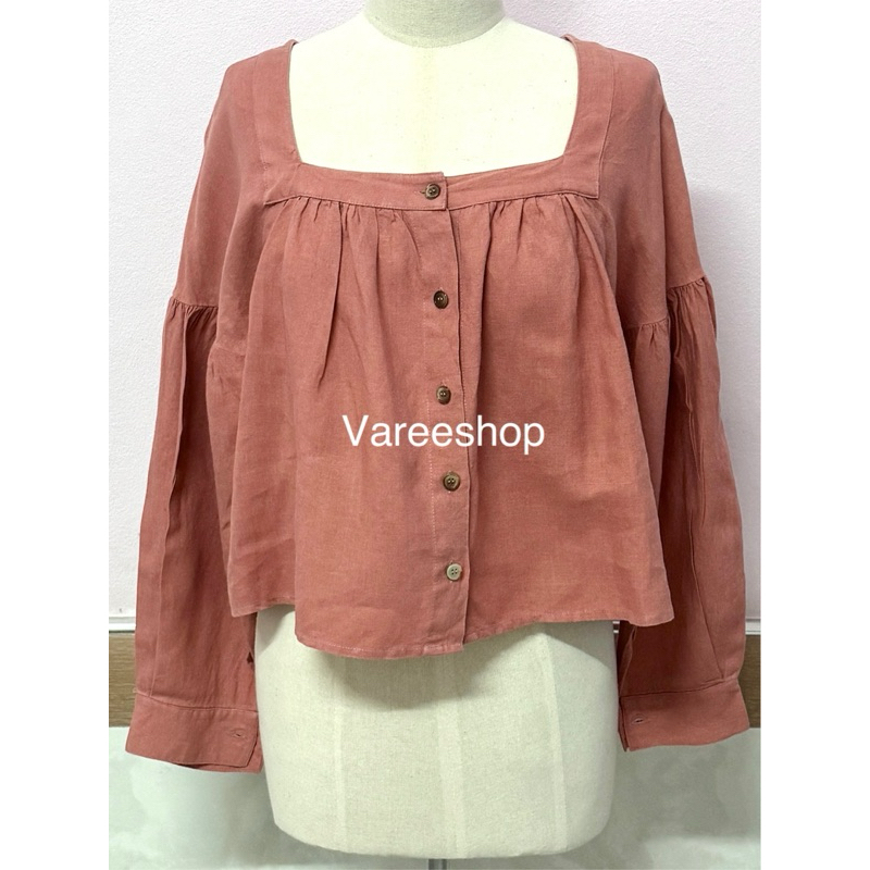 💢มือ 2💢 Co-work•er - เสื้อผ้าฝ้ายคอเหลี่ยมแขน 5 ส่วน - สีส้มอิฐ