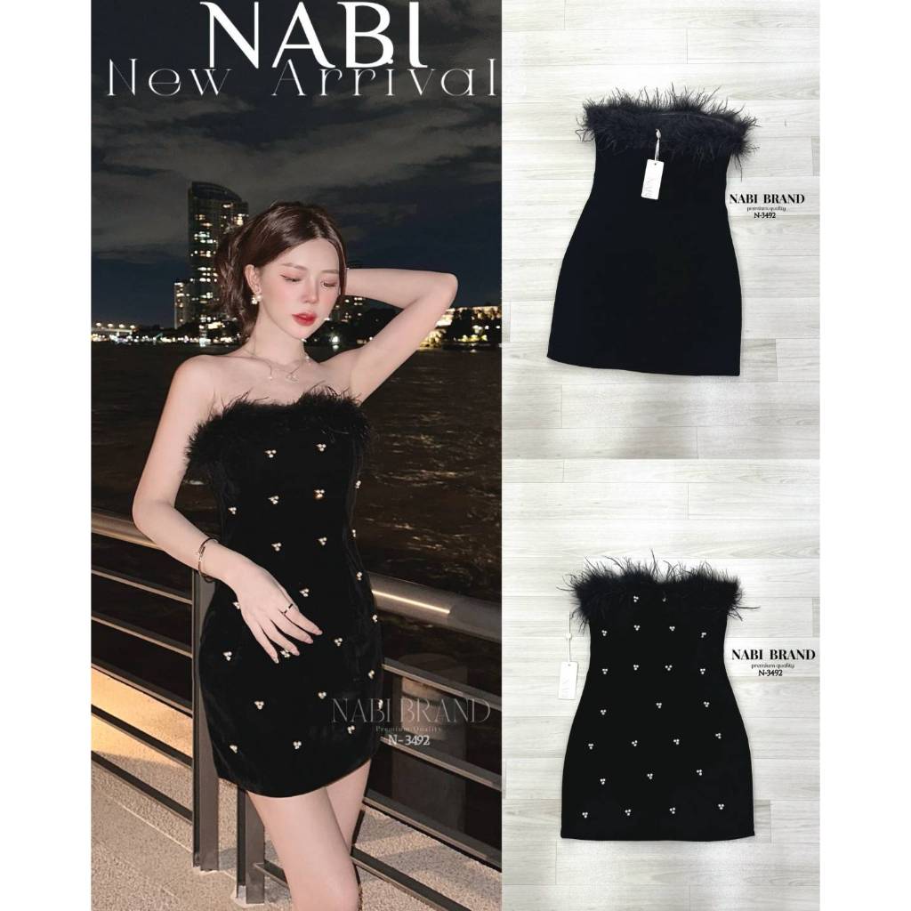 NABIBRAND DRESS เกาะอกกำมะหยี่สีดำ ขนนกสีดำ(*สอบถามสต๊อกก่อนกดสั่งน๊า)