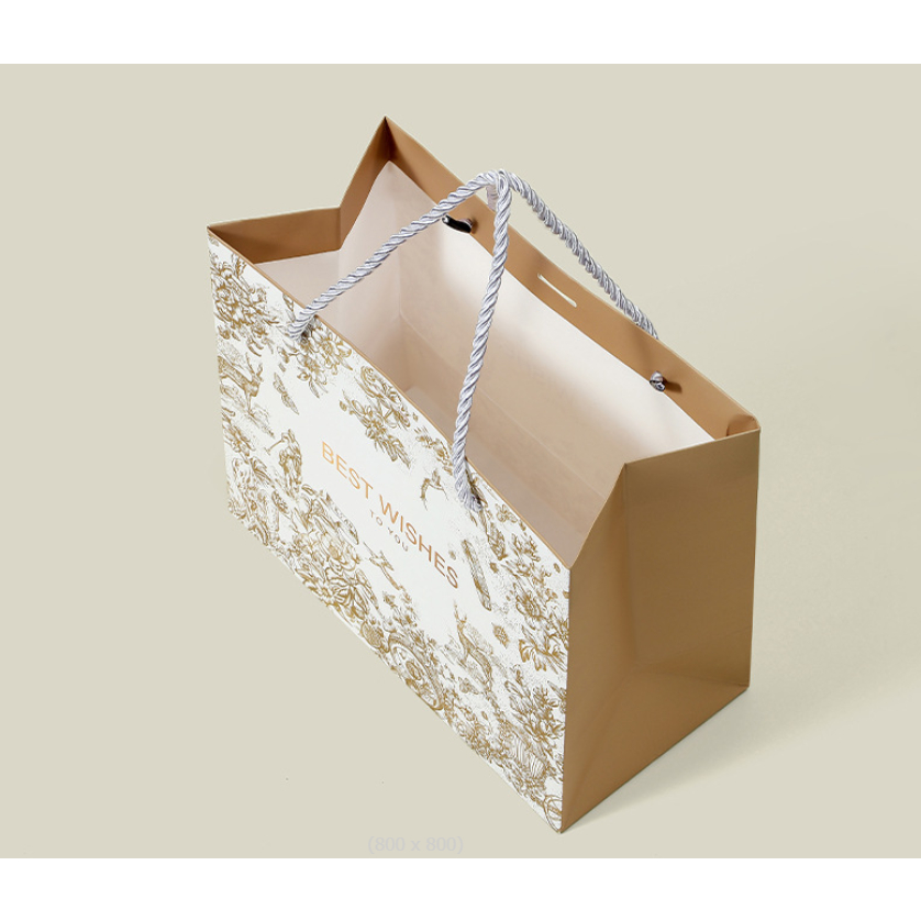 🌷BOX🌷ถุงกระดาษสีขาวทอง ใส่ของรับไหว้ ลายเรียบหรู มีริบบิ้น2สี กระดาษหนา รับน้ำหนักได้เยอะ - รูปที่ 3