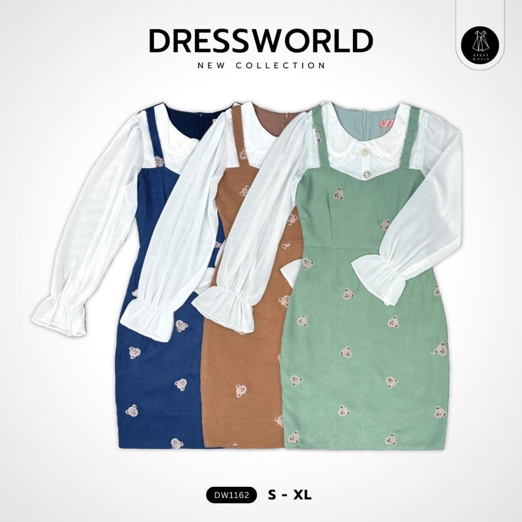 {S-XL} 1162 งานป้าย Dress World เดรสสั้น แต่งเอี๊ยม แขนยาวชีฟอง ปักลายน้องหมี เกาหลีฝุดๆ ละมุนมากเลยจ้า