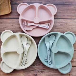 จานอาหารเด็ก พร้อมช้อนส้อม ผลิตจากฟางข้าวออร์แกนิก ปลอดภัยต่…