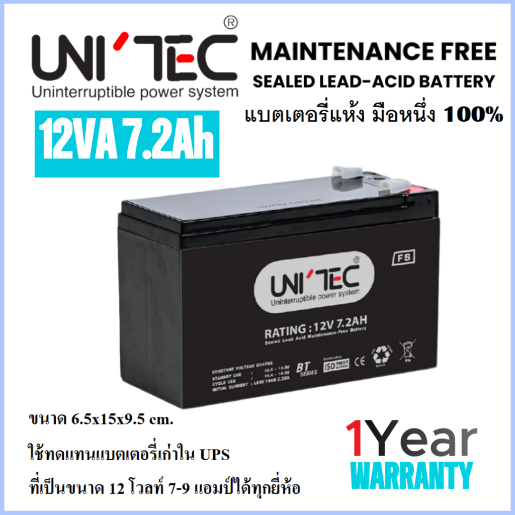 UNITEC Battery 12V 7.2 Ah ล็อตผลิตใหม่มือหนึ่ง100%ใช้ได้กับ UPS แบตเตอรี่แห้ง (ออกใบกำกับภาษีทักแชท)