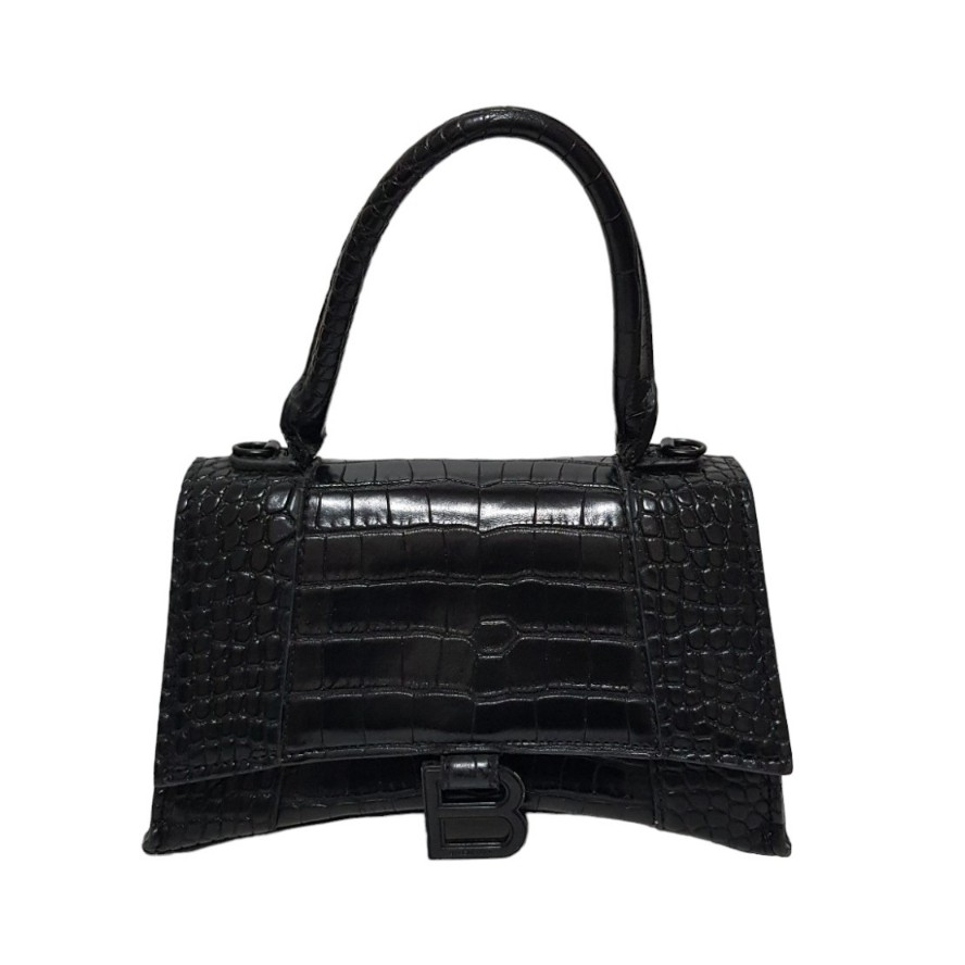 👜กระเป๋า Hourglass XS Handbag Crocodile Embosses  Black Matte B Hardware Balenciaga❤️ มือสองไม่มีสาย