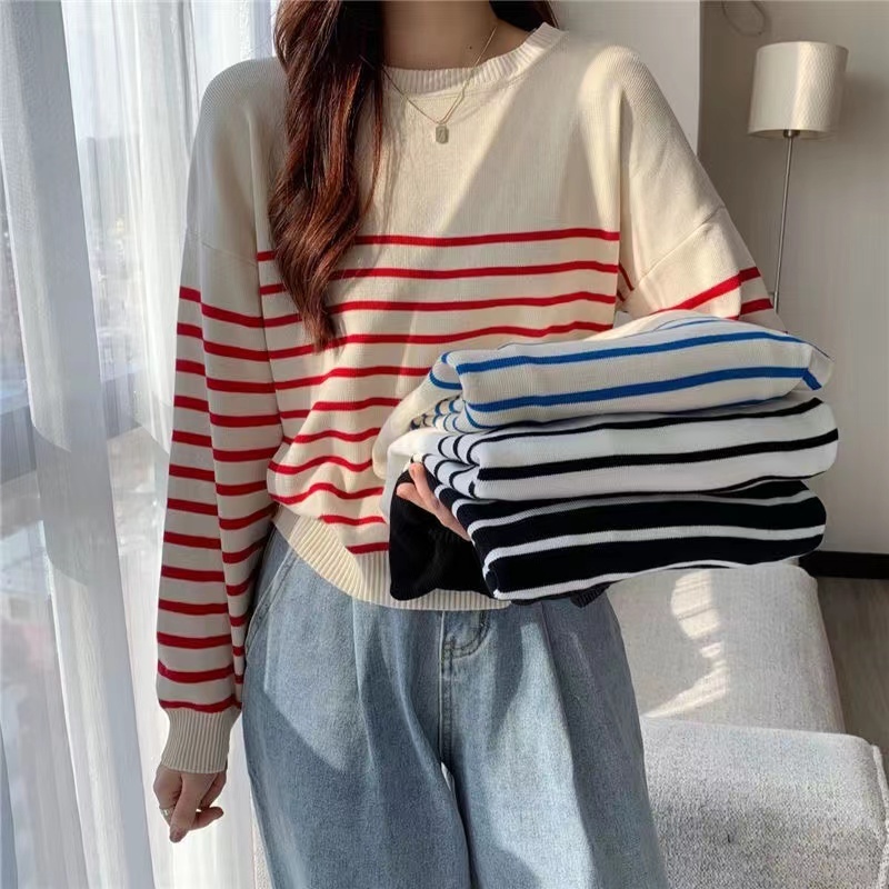 เสื้อไหมพรมแขนยาวทรงหลวมจั๊มเอวปลายแขน เสื้อโอเวอร์ไซด์ใส่สบายผ้านิ่ม8282*