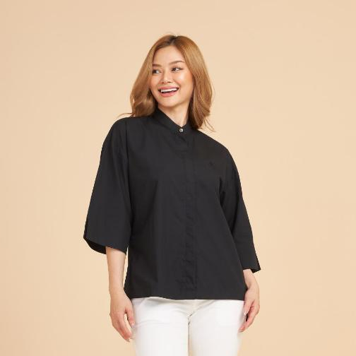 GSP จีเอสพี เสื้อคอจีน ผ้าคอตตอน สีดำ ปลายแขนบาน PBTGBL