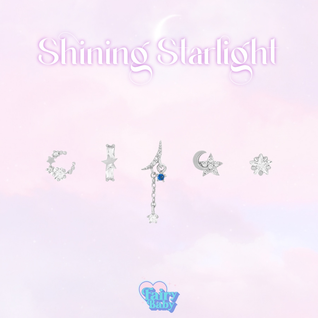Fairybaby เซทต่างหู Shining Starlight 5 ชิ้น ต่างหู น่ารัก เซ็ทต่างหู รูปดาว พระจันทร์ สีเงิน มีแบบ 1 ชิ้น (E3-034)
