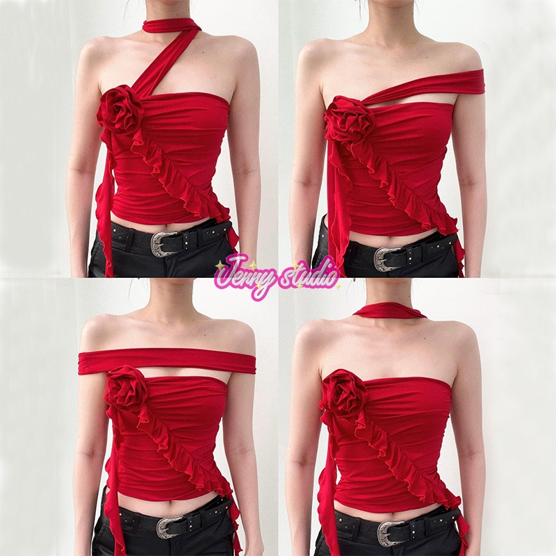 Jenny พร้อมส่ง เสื้อเกาะอกเซ็กซี่ผู้หญิง คล้องคอ ลายดอกกุหลาบ Y2kเสื้อครอป เปิดไหล่เข้ารูป สไตล์เวียดนาม สาวอ้วนใส่ได้