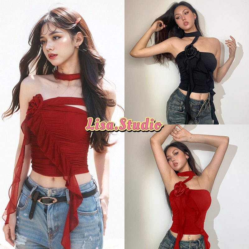 Lisa พร้อมส่ง🌺เสื้อเกาะอกเซ็กซี่ผู้หญิง🌷คล้องคอ ลายดอกกุหลาบ Y2kเสื้อครอป เปิดไหล่เข้ารูป สไตล์เวียดนาม สาวอ้วนใส่ได้