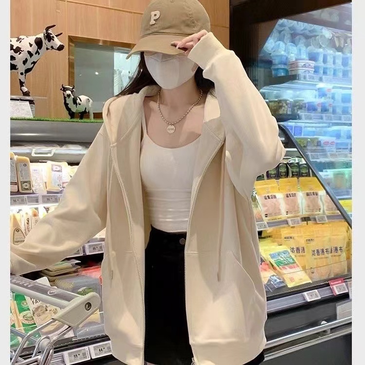 เสื้อกันหนาวมีฮู้ด  M-2XLแอปริคอท คาร์ดิแกนซิปแขนยาว