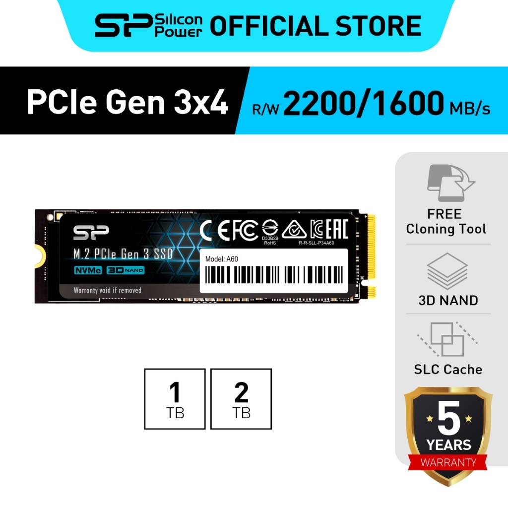 Silicon Power SSD (เอสเอสดี) M.2 NVMe 1TB/2TB - PCIe Gen3x4 2280 รุ่น P34A60 สำหรับ Laptop รับประกัน 5 ปี