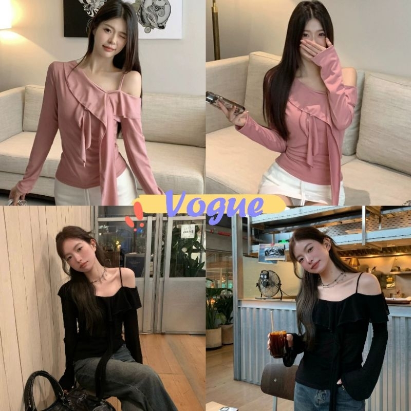 Vogue พร้อมส่ง แขนยาวปาดไหล่ เสื้อถักปาดไหล่ เซ็กซี่เก๋ (U103)