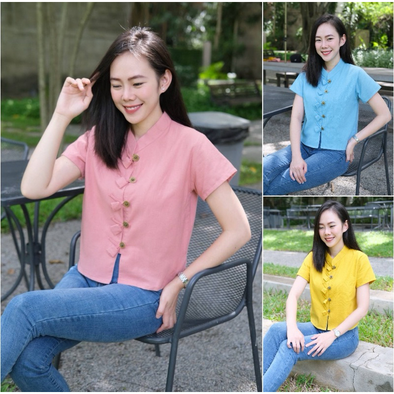 เสื้อผ้าฝ้ายคอจีนเเขนสั้น กระดุมเหรียญทิวลิป🌹