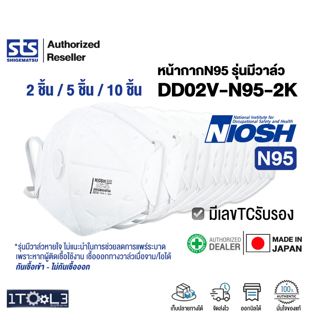 หน้ากาก NIOSH N95 รุ่นมีวาล์วหายใจ DD02V-N95-2K Made in Japan มาตรฐานNIOSH มีเลขTCรับรอง ยี่ห้อ SHIG
